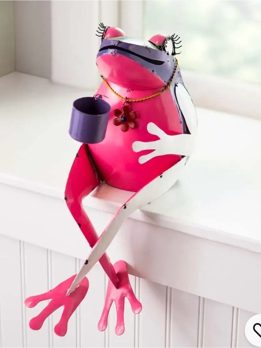 Whimsical handmade Pink Metal Frog Shelf Sitter with Purple Cup Sipping Tea